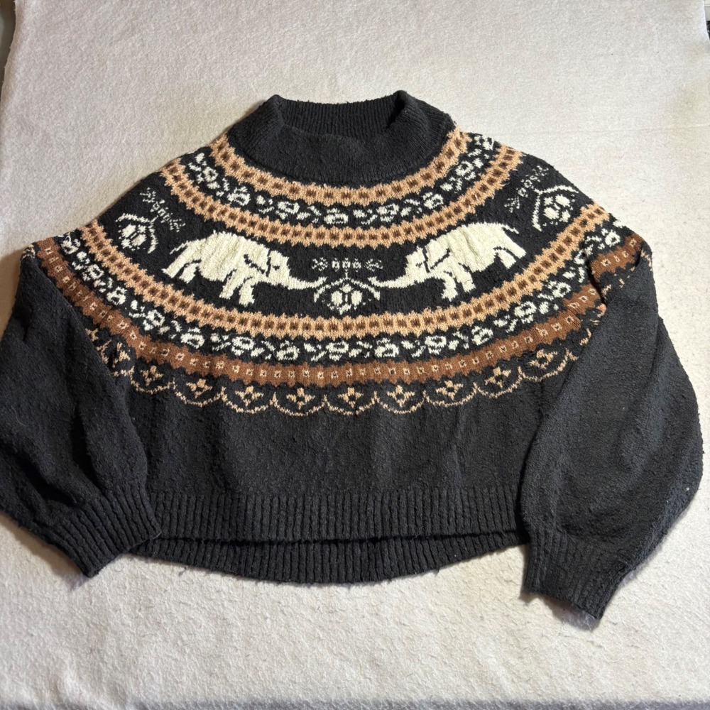 Free People Nellie Elephant Fair‎ Isle Mock Neck Crop Sweater Black  Womens S